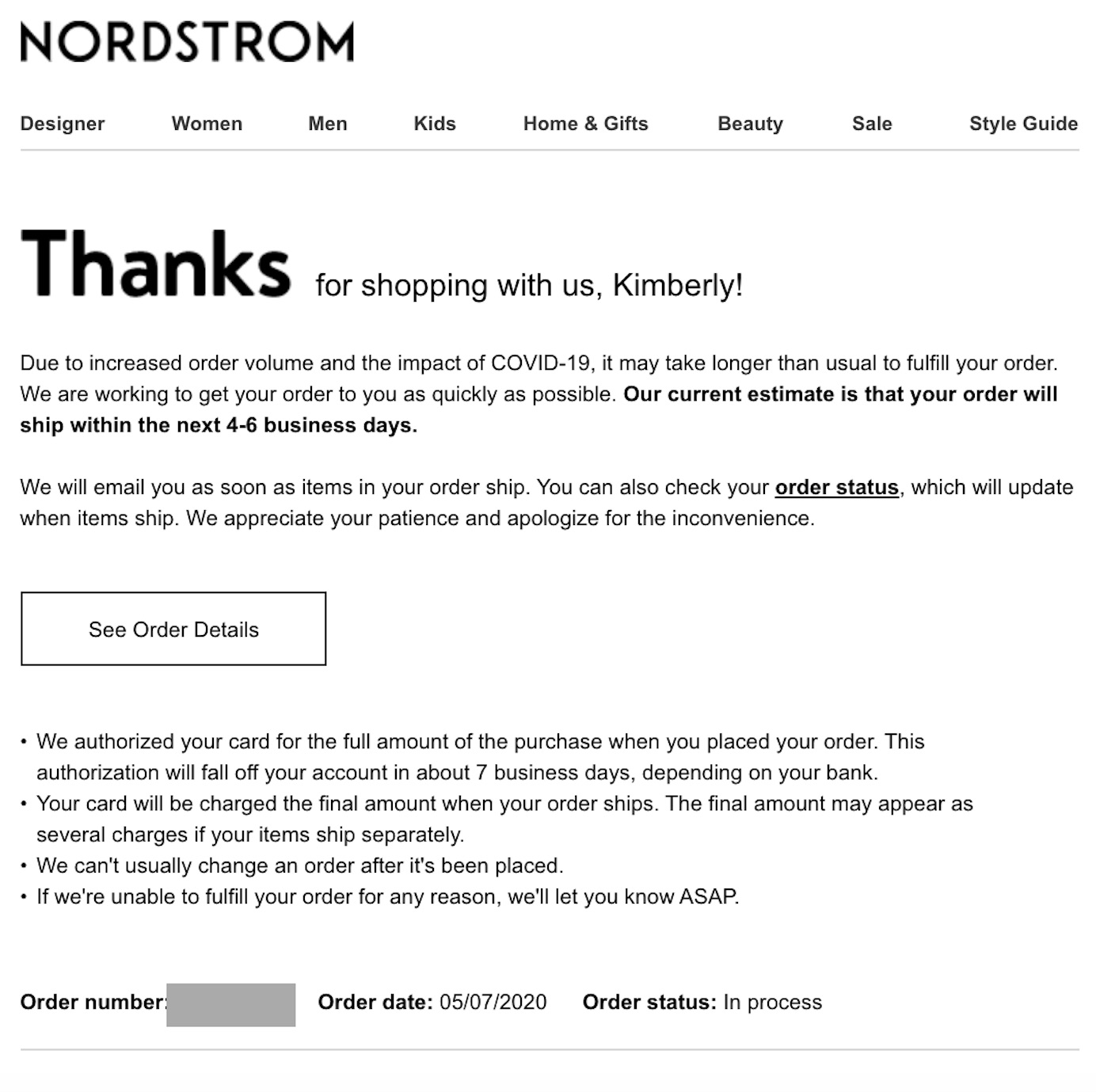Nordstrom关于COVID交付延迟的电子邮件