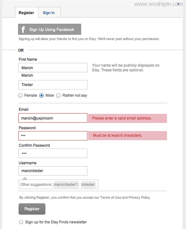 Etsy Form Validation Error Message Wireframing Template