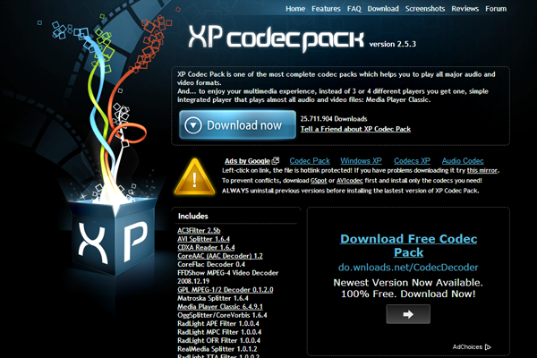 WinXP Windows XP OS codecs video audio download free website dark interface