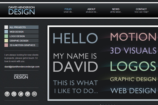 David Henderson dark portfolio website layout screenshot