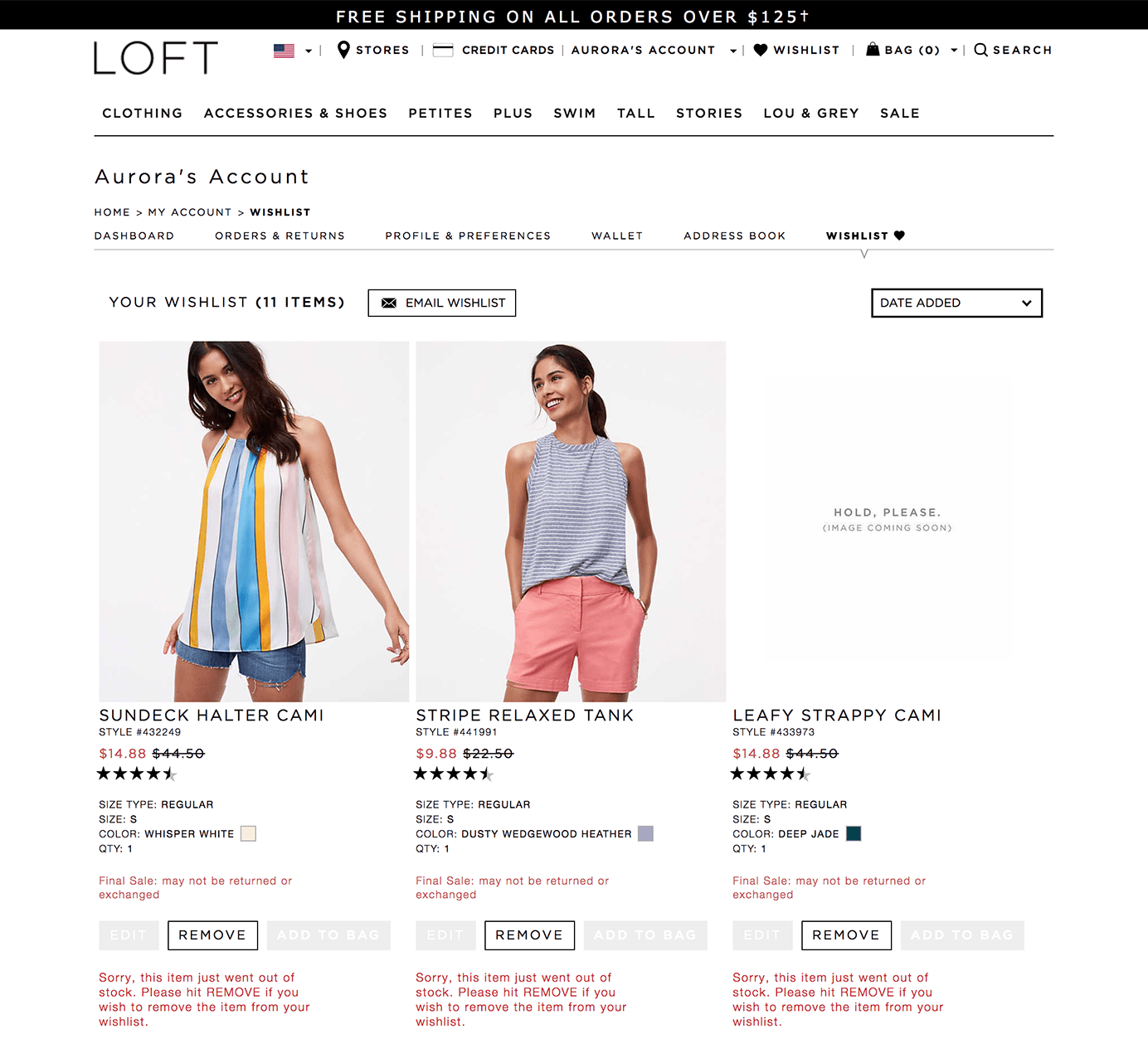Screenshot of out of stock items on wish list at Loft website
