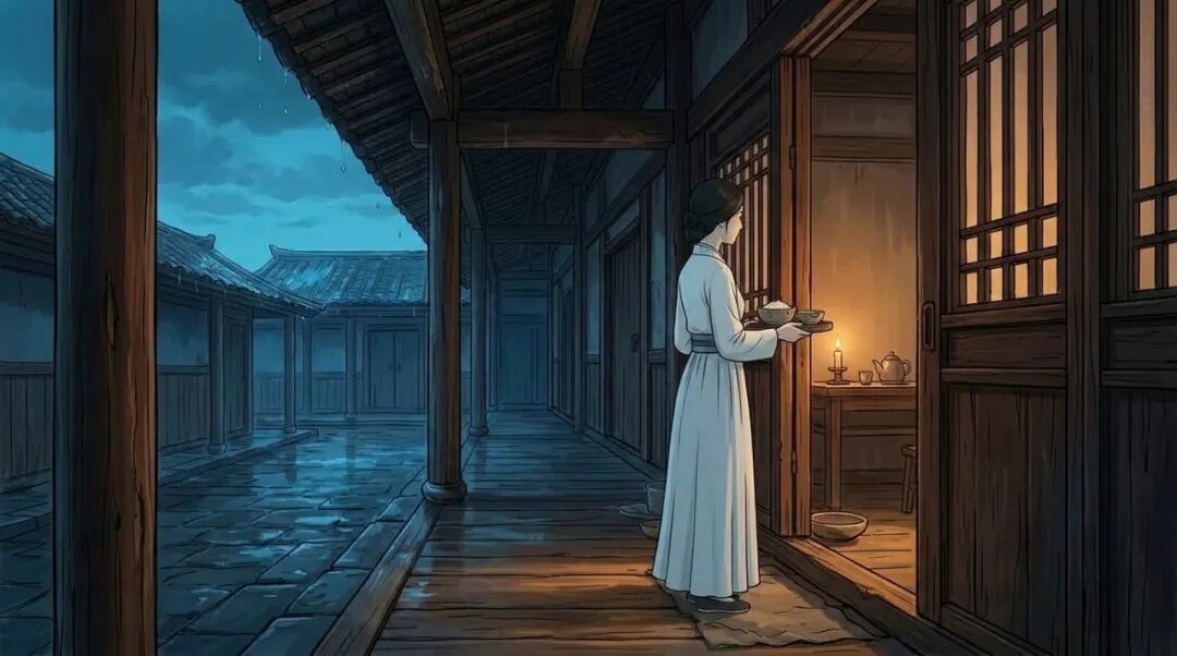 第一集第一镜：云翠仙端着餐盘停在门前的分镜图