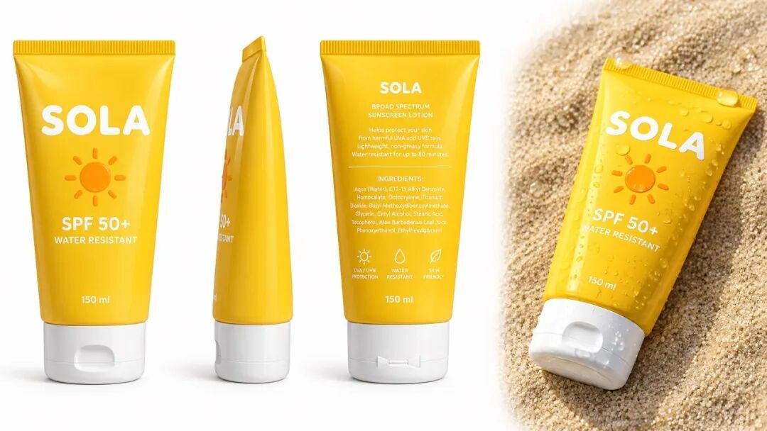 产品图:SOLA 三个角度 + 一张沙滩上的特写