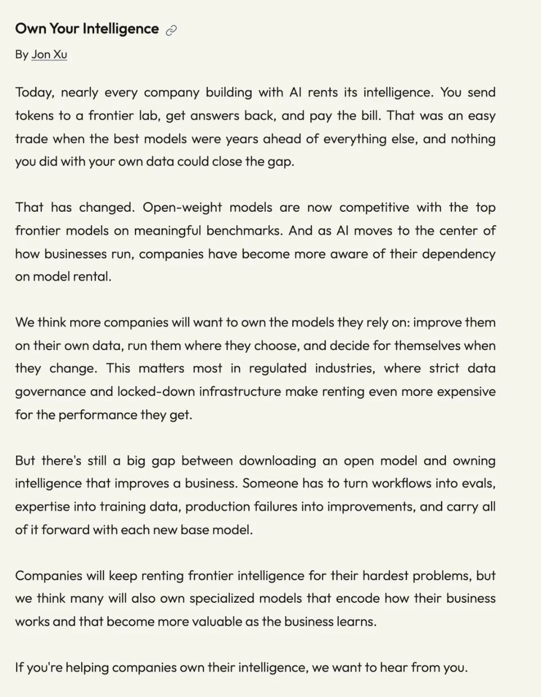 Jon Xu 写的“拥有你自己的智能”一条。图片来自 Y Combinator 的 RFS 页面