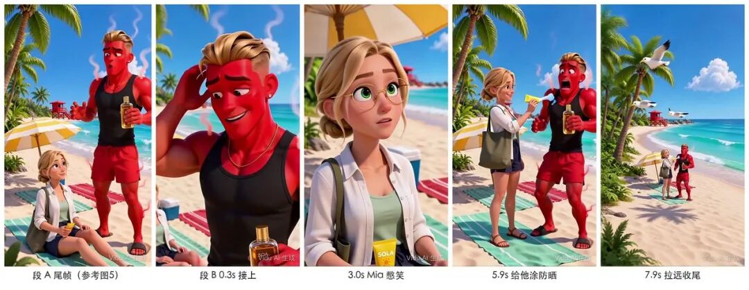 段 B:带上段 A 的最后一帧做参考,人物状态、衣服、场景都接上了