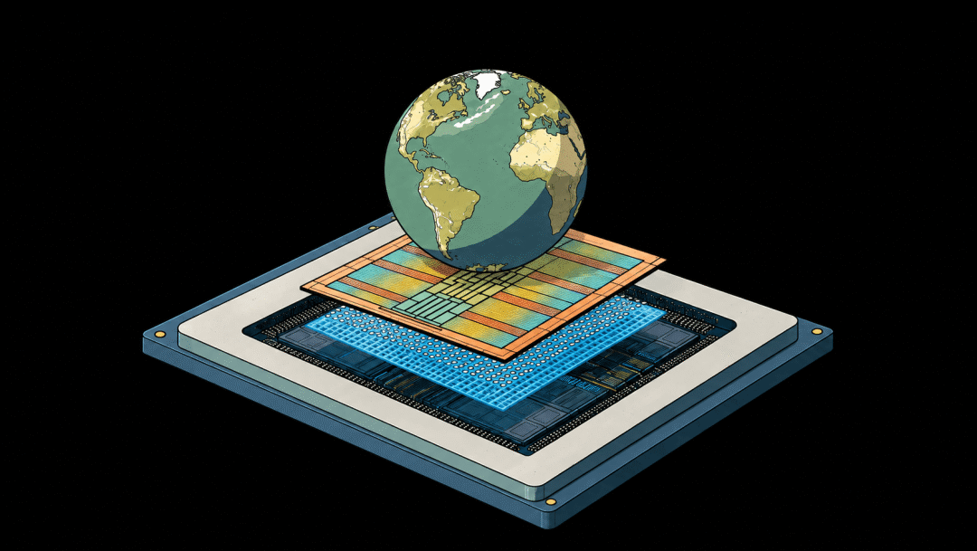 Illustration of Earth above the layered components of a computer chip