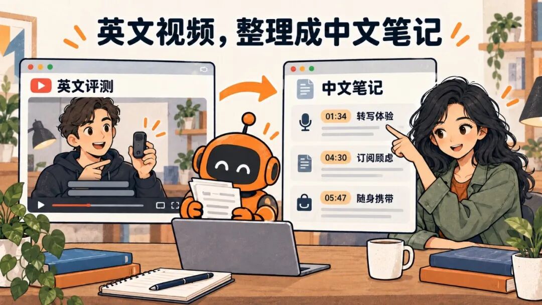 漫画示意:英文评测整理成带时间点的中文笔记。