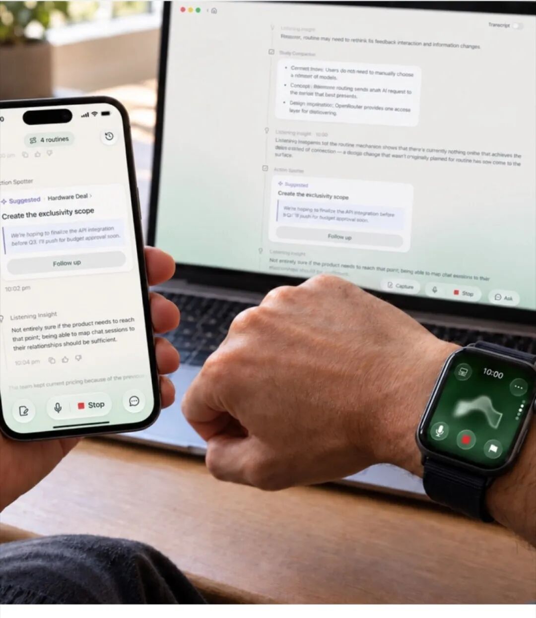 TechCrunch 报道里 Ambi 提供的产品图,iPhone、Mac 和 Apple Watch 上同步显示建议与监听状态。图片署名 Ambi,来自 TechCrunch 的报道
