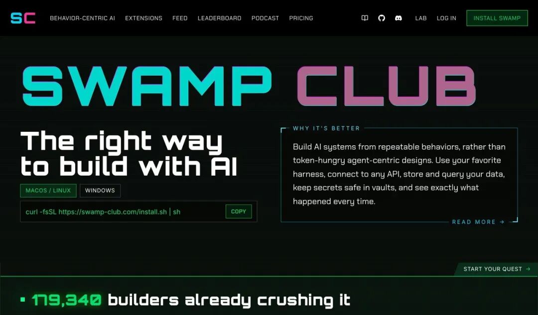 Swamp Club 官网首页:用 AI 搭系统的正确方式。截图来自 swamp.club