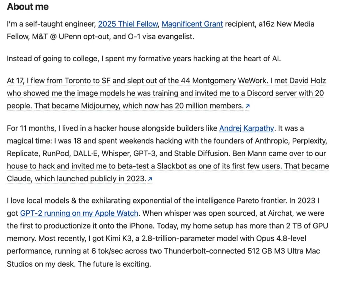 Sigil Wen 的个人主页:他自己写下 44 Montgomery 的 WeWork、11 个月的 hacker house,以及在桌上跑 Kimi K3。截图来自 sigilwen.ca