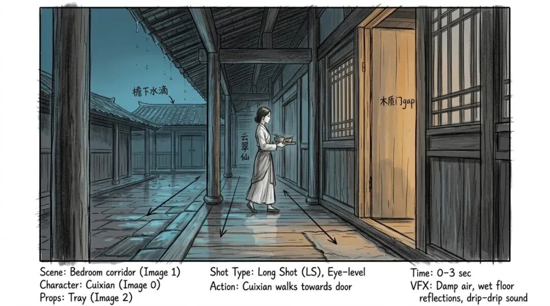 第一集第一镜：云翠仙走向卧房门前的故事板图