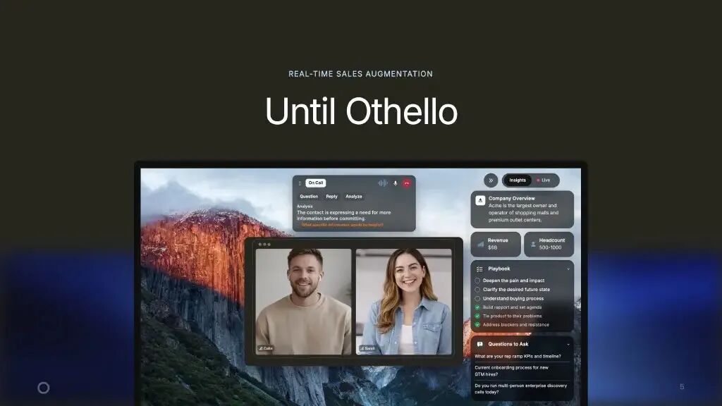 deck 里的产品示意：视频会议画面上盖着一层提示浮层。图片来自 Othello 的融资 deck