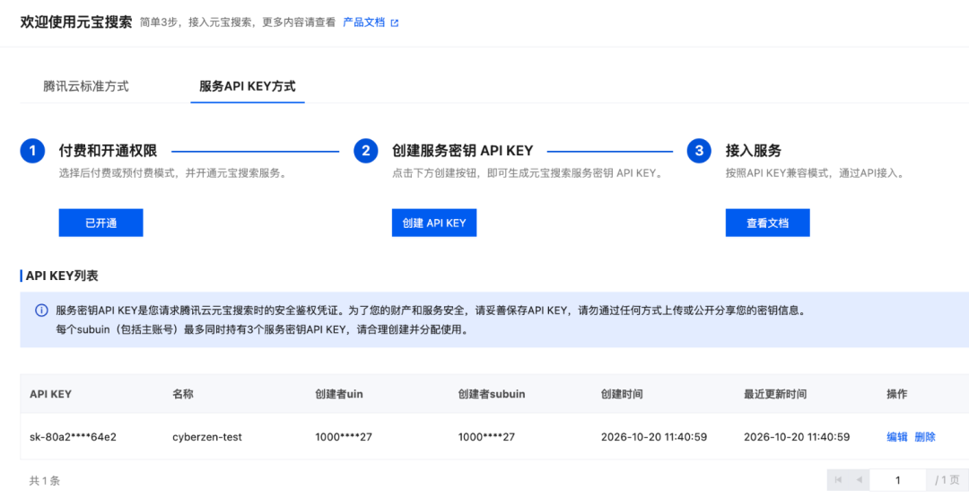 明文 Key 只在创建时显示一次