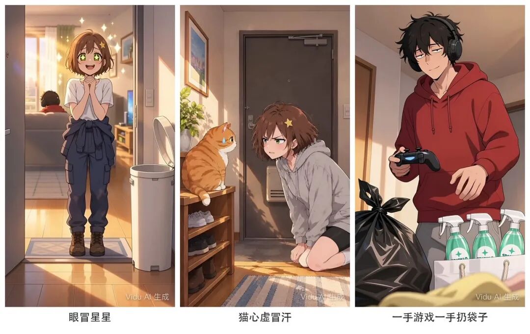 眼冒星星、猫心虚冒汗、一手游戏一手扔袋子