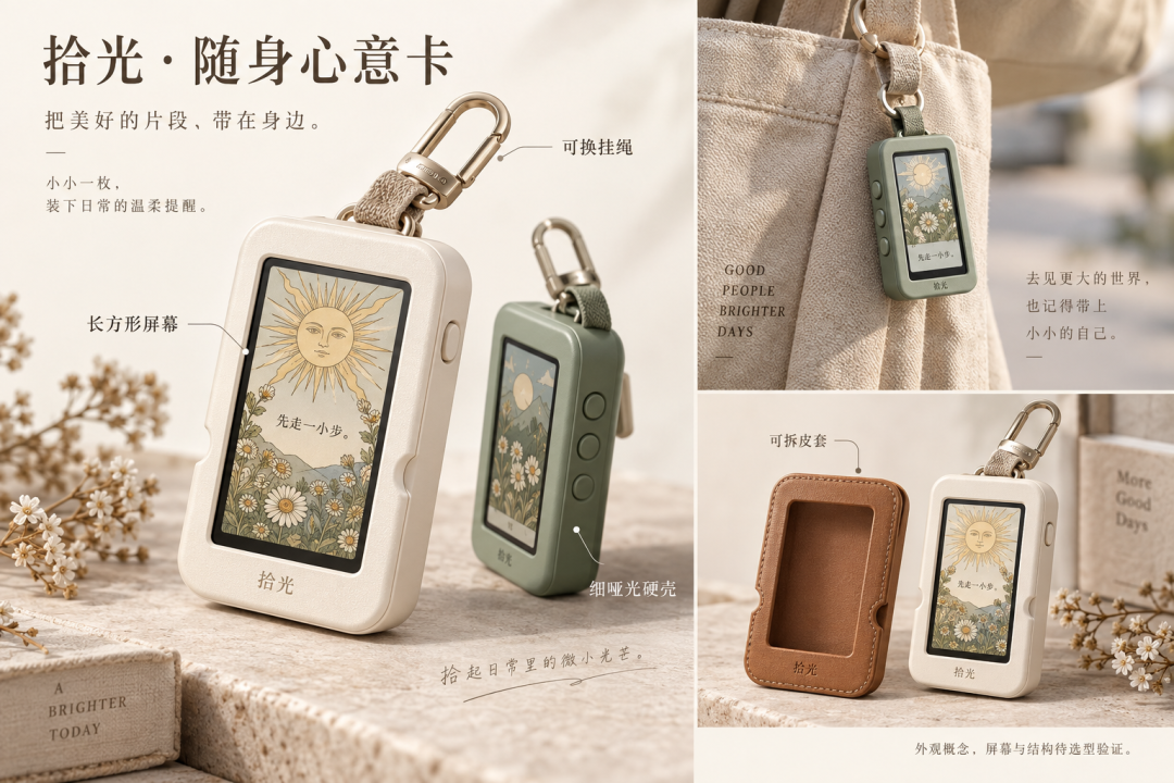 挂件概念设计,尚未制作成实物;屏幕、结构和材质待原型验证。