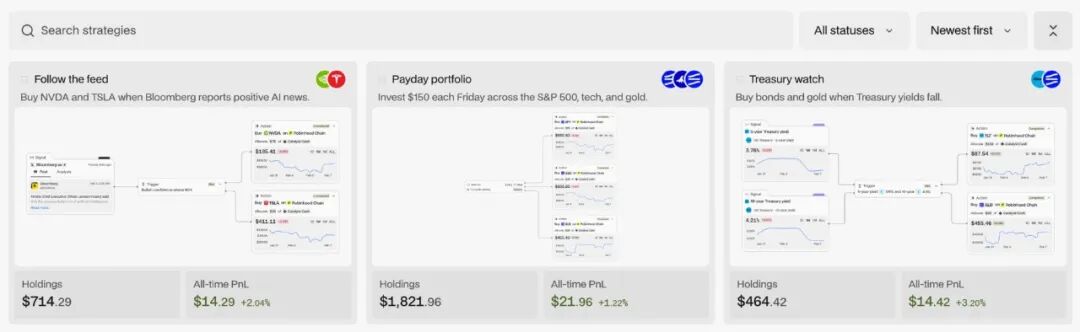 Catalyst 官网的策略页示例,每张卡片给出一句话规则、持仓和累计盈亏。卡片上的数字为官网示例数据,不代表真实业绩。截图来自 catalyst.app