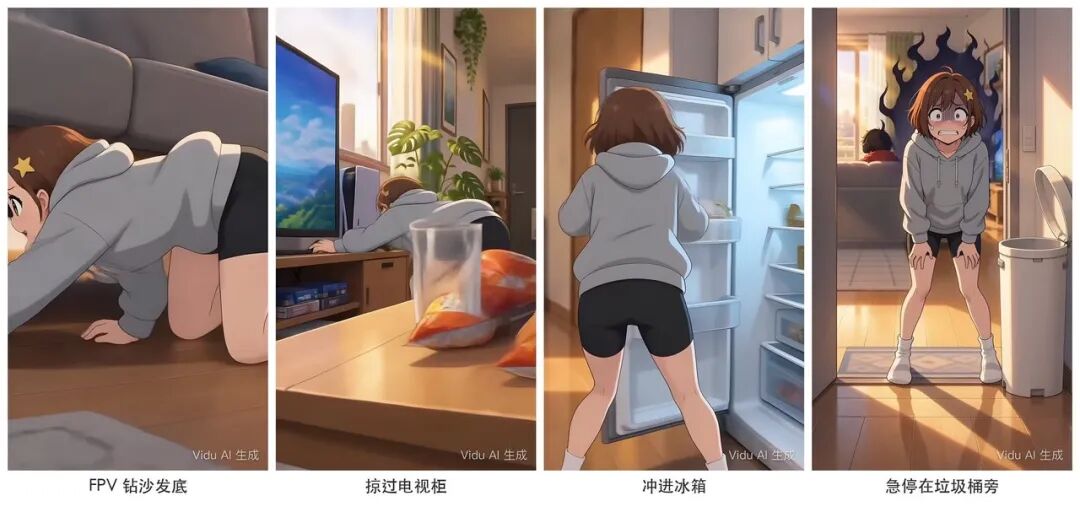 FPV 一镜到底:沙发底 → 电视柜 → 冰箱 → 垃圾桶旁
