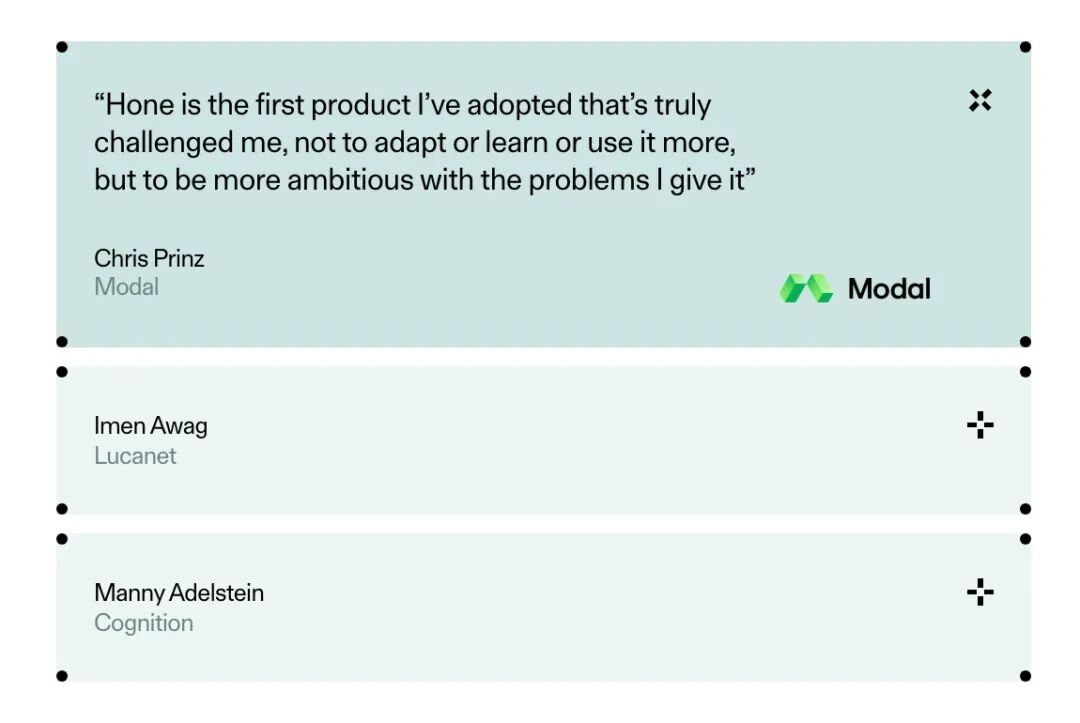 官网上的客户评价,来自 Modal、Lucanet 和 Cognition 的使用者。截图来自 hone.com