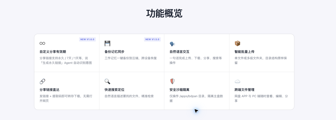 官网功能概览:文件操作、分享、记忆备份与目录隔离
