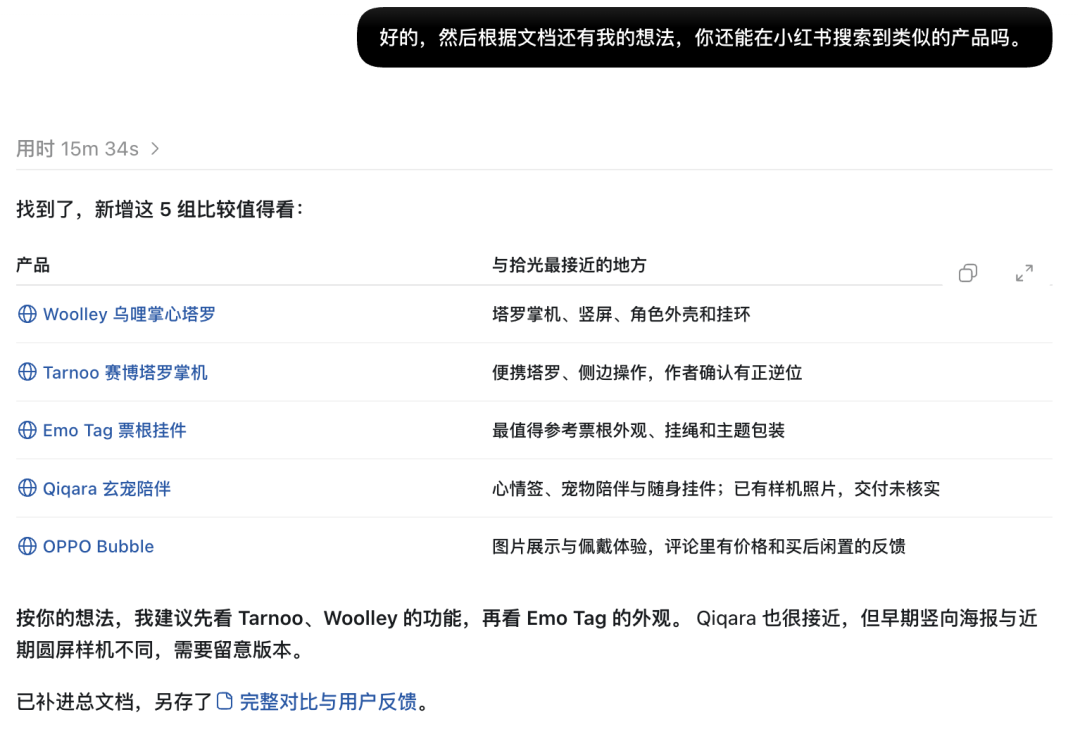 用户简单询问类似产品后 ChatGPT 整理出的五组竞品