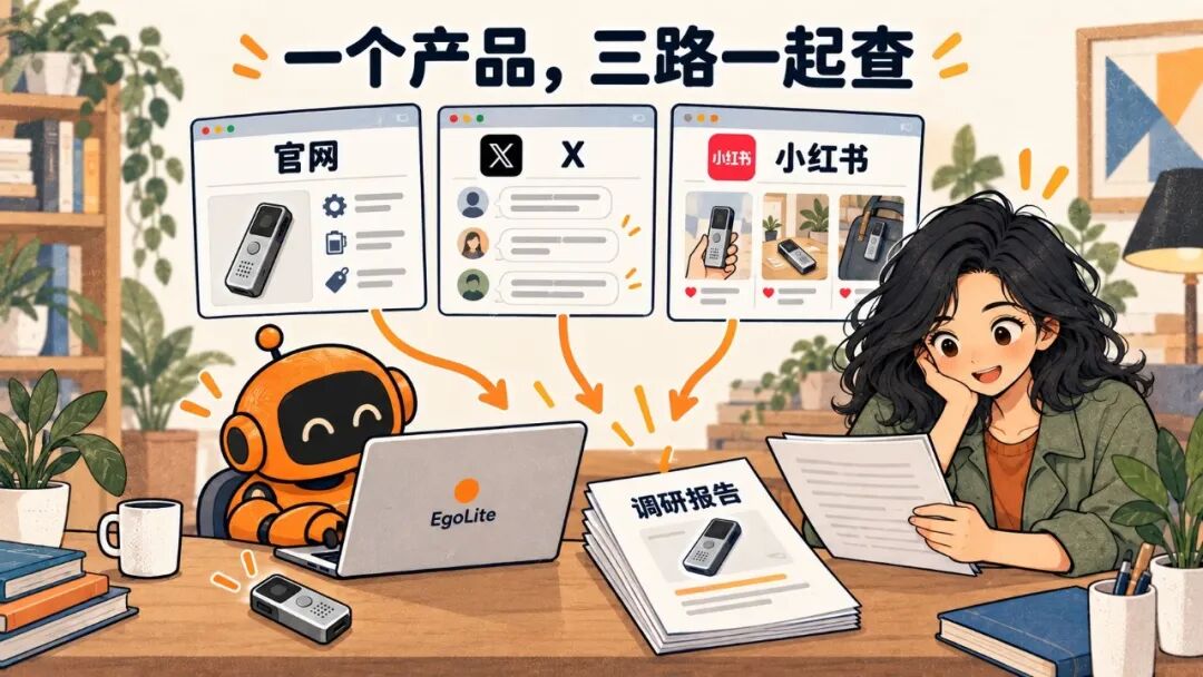 漫画示意:一个产品,官网、X、小红书三路调研,再整理成报告。